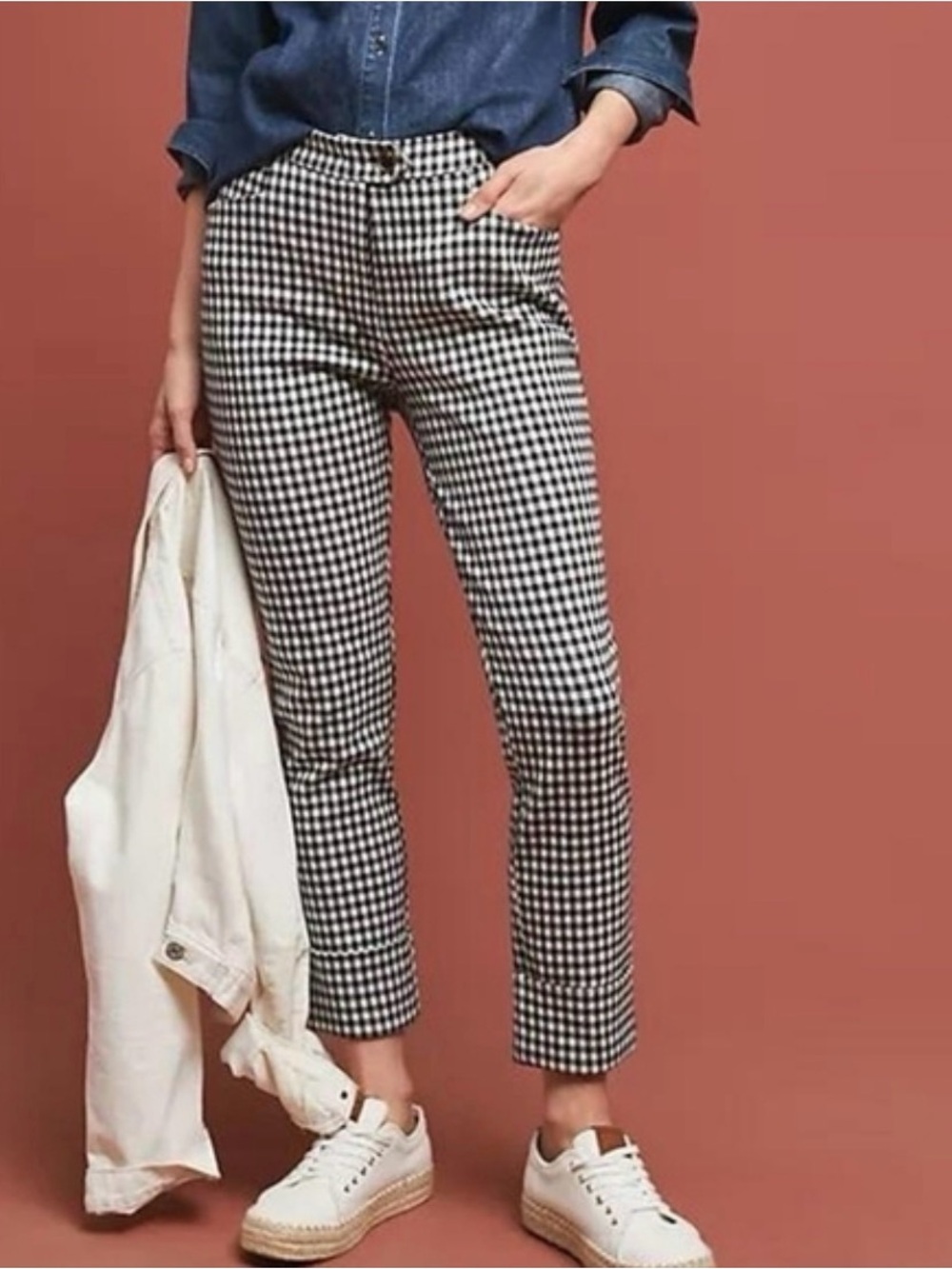 Anthropologie Essential Crop Flare Gingham Pants Black White Size 4 NWT